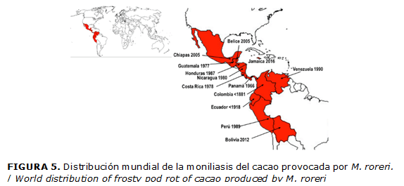 FIGURA 5. Distribuci&oacute;n mundial de la moniliasis del cacao provocada por M. roreri. / World distribution of frosty pod rot of cacao produced by M. roreri