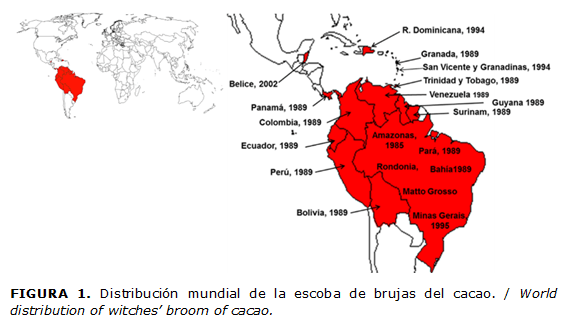 FIGURA 1. Distribuci&oacute;n mundial de la escoba de brujas del cacao. / World distribution of witches&rsquo; broom of cacao.