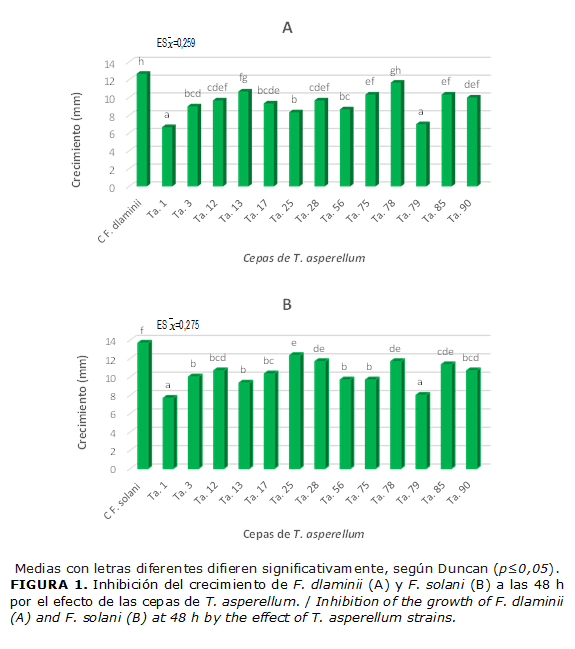 FIGURA 1. Inhibici&oacute;n del crecimiento de F. dlaminii (A) y F. solani (B) a las 48 h por el efecto de las cepas de T. asperellum. / Inhibition of the growth of F. dlaminii (A) and F. solani (B) at 48 h by the effect of T. asperellum strains.