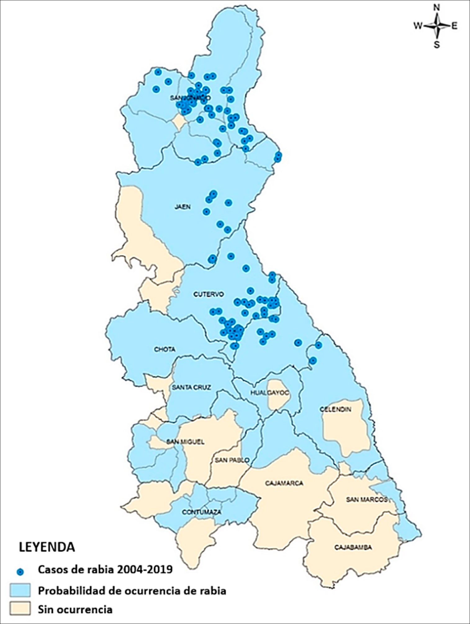 Predicción de la distribución potencial de casos de rabia bovina hacia áreas sin ocurrencia en la región de Cajamarca, Perú, basado en casos positivos durante el periodo 2004 - 2019. / Prediction of the potential distribution of bovine rabies cases into areas without recorded occurrence in Cajamarca region, Peru, based on positive cases during the 2004 - 2019 period.