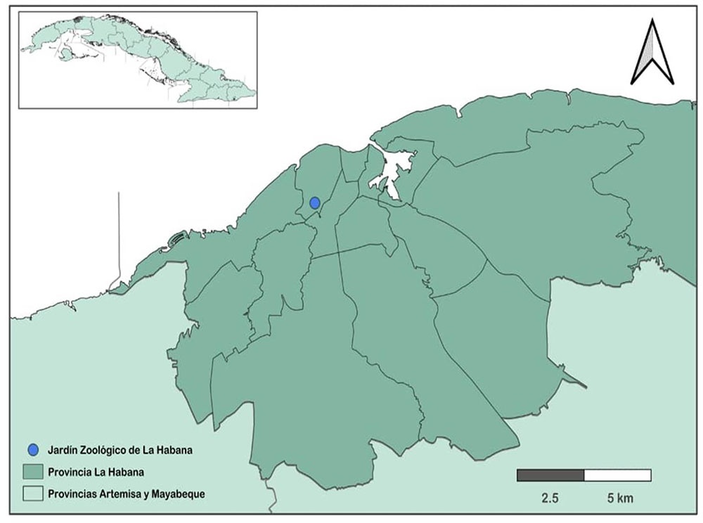 Localización geográfica del lugar donde se constató influenza aviar altamente patógena en el Jardín Zoológico de La Habana, febrero de 2023 (latitud: 23.1108, longitud: -82.3972; localización aproximada). / Geographical location of the site where highly pathogenic avian influenza was confirmed at the Havana Zoological Garden, February 2023 (latitude: 23.1108, longitude: -82.3972; approximate location).